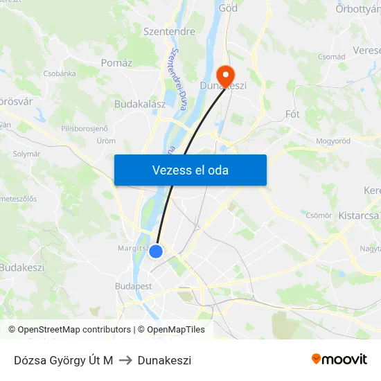 Dózsa György Út M to Dunakeszi map