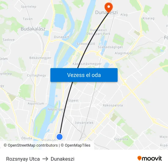 Rozsnyay Utca to Dunakeszi map