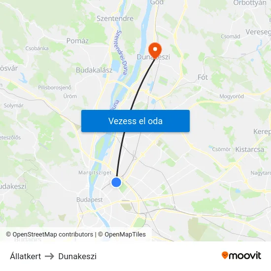 Állatkert to Dunakeszi map