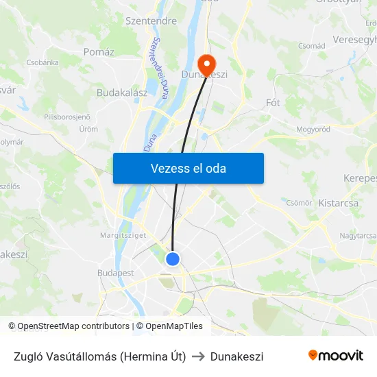 Zugló Vasútállomás (Hermina Út) to Dunakeszi map