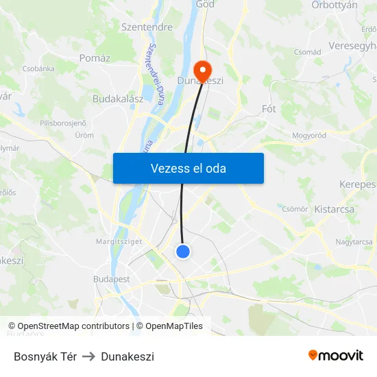 Bosnyák Tér to Dunakeszi map