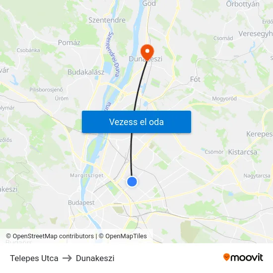Telepes Utca to Dunakeszi map