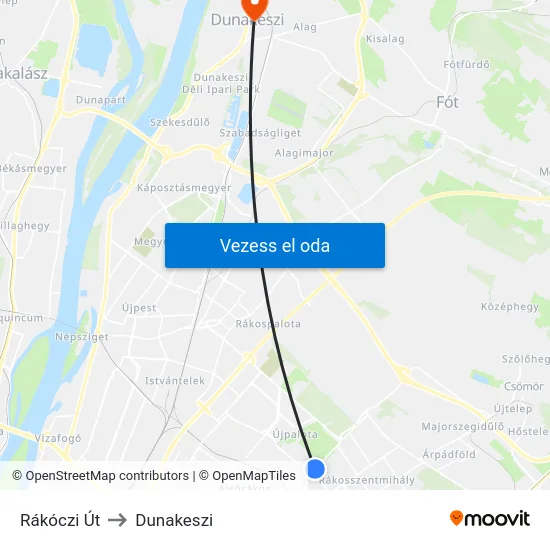 Rákóczi Út to Dunakeszi map