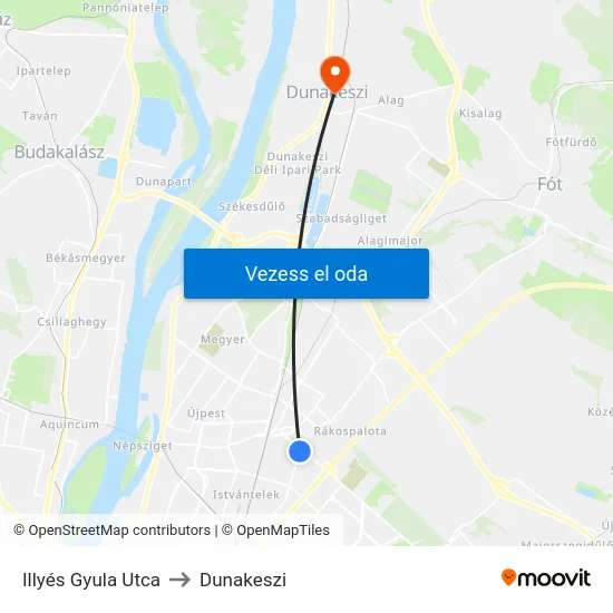 Illyés Gyula Utca to Dunakeszi map