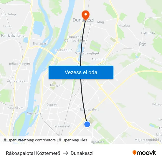 Rákospalotai Köztemető to Dunakeszi map