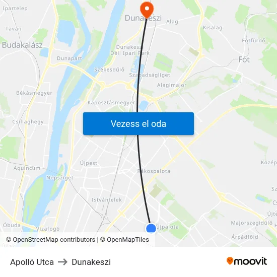 Apolló Utca to Dunakeszi map