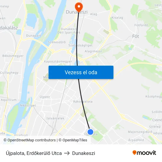 Újpalota, Erdőkerülő Utca to Dunakeszi map