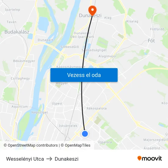 Wesselényi Utca to Dunakeszi map