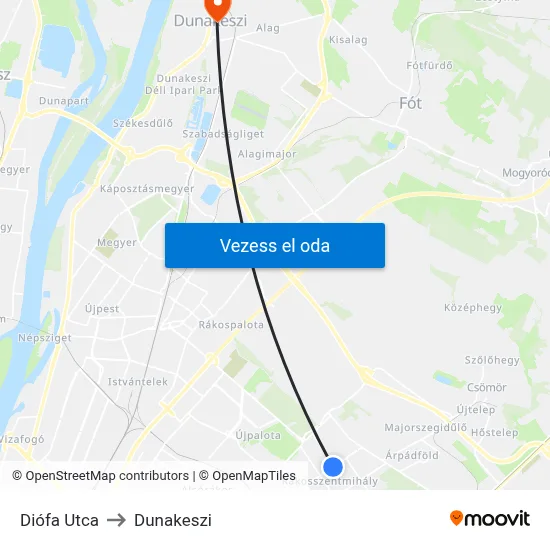 Diófa Utca to Dunakeszi map