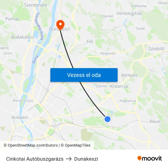Cinkotai Autóbuszgarázs to Dunakeszi map