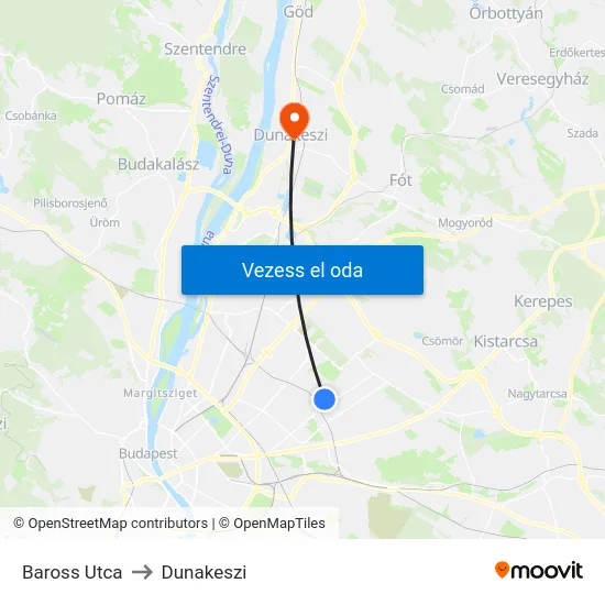 Baross Utca to Dunakeszi map