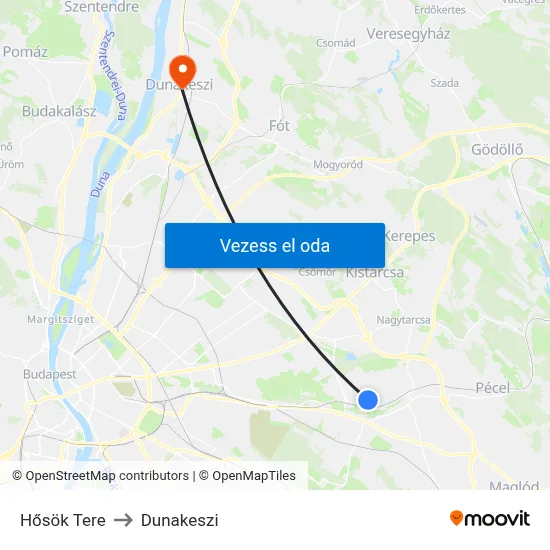 Hősök Tere to Dunakeszi map