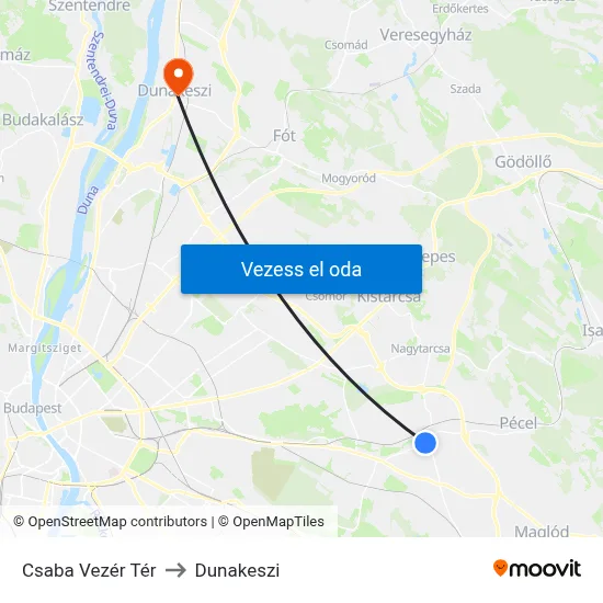 Csaba Vezér Tér to Dunakeszi map