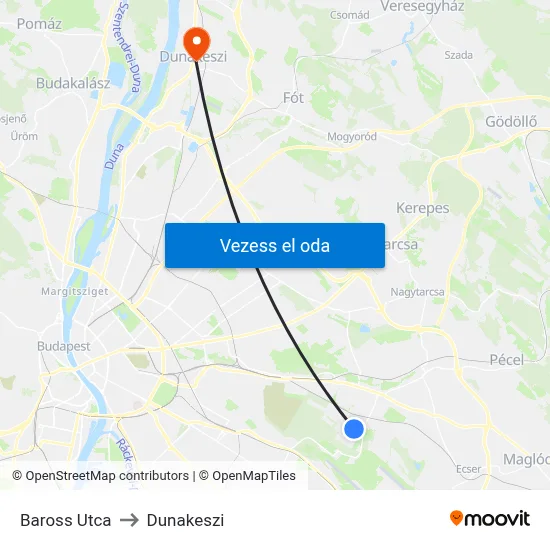Baross Utca to Dunakeszi map
