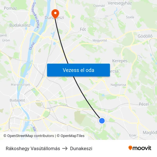 Rákoshegy Vasútállomás to Dunakeszi map
