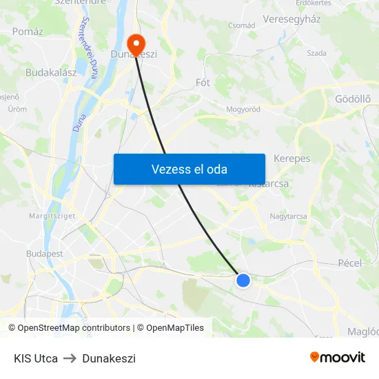 KIS Utca to Dunakeszi map