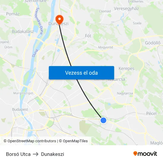 Borsó Utca to Dunakeszi map