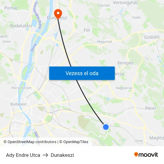 Ady Endre Utca to Dunakeszi map