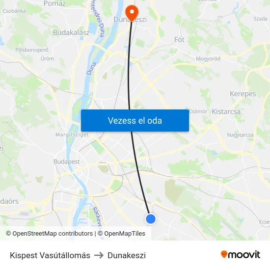 Kispest Vasútállomás to Dunakeszi map