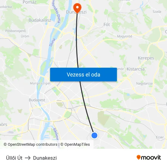 Üllői Út to Dunakeszi map