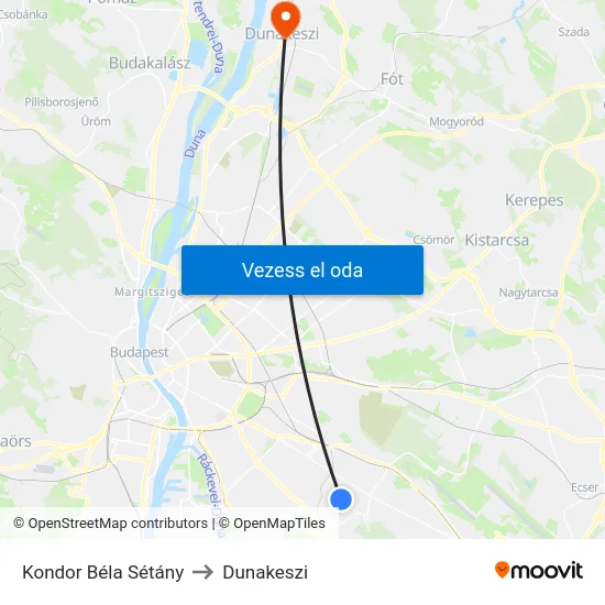 Kondor Béla Sétány to Dunakeszi map