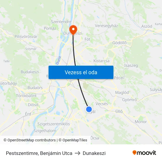 Pestszentimre, Benjámin Utca to Dunakeszi map
