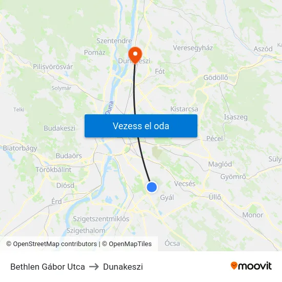 Bethlen Gábor Utca to Dunakeszi map