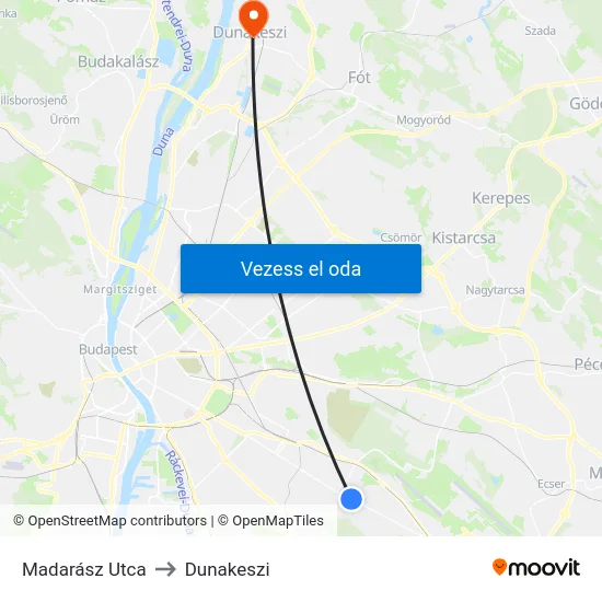 Madarász Utca to Dunakeszi map