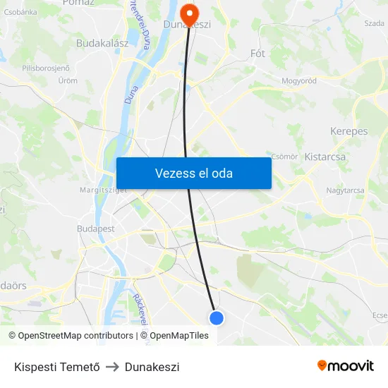 Kispesti Temető to Dunakeszi map