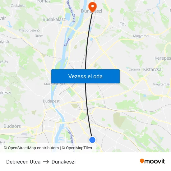 Debrecen Utca to Dunakeszi map