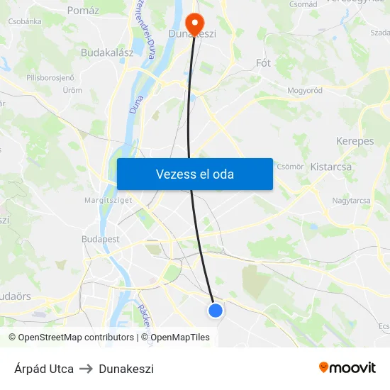 Árpád Utca to Dunakeszi map