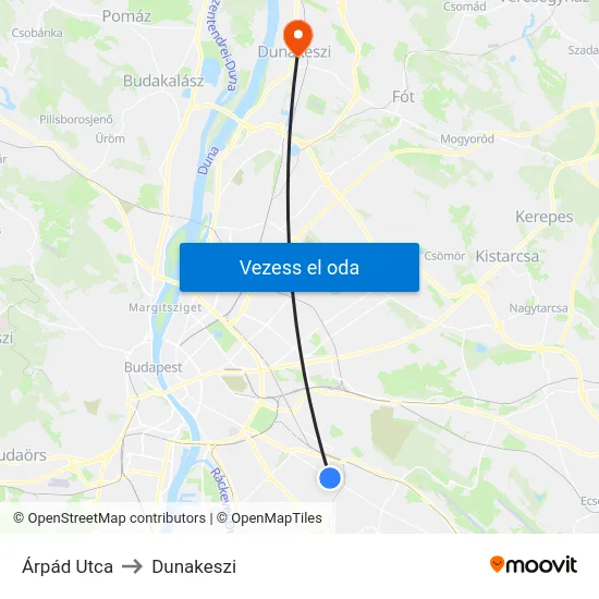 Árpád Utca to Dunakeszi map