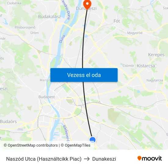 Naszód Utca (Használtcikk Piac) to Dunakeszi map