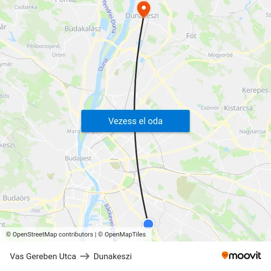Vas Gereben Utca to Dunakeszi map