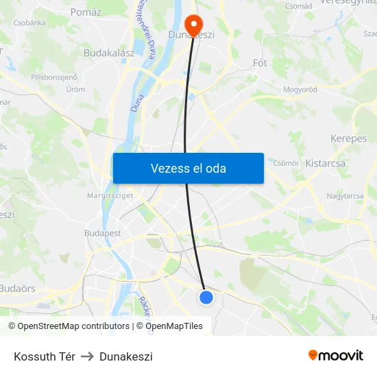 Kossuth Tér to Dunakeszi map