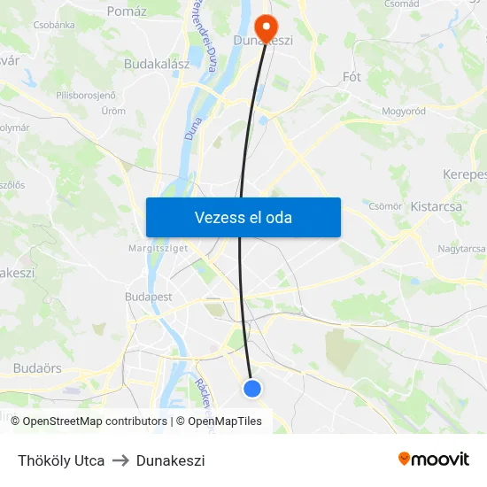 Thököly Utca to Dunakeszi map