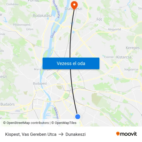 Kispest, Vas Gereben Utca to Dunakeszi map