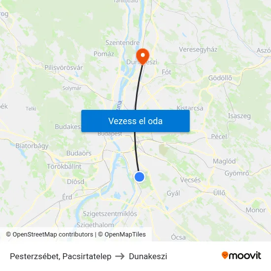 Pesterzsébet, Pacsirtatelep to Dunakeszi map