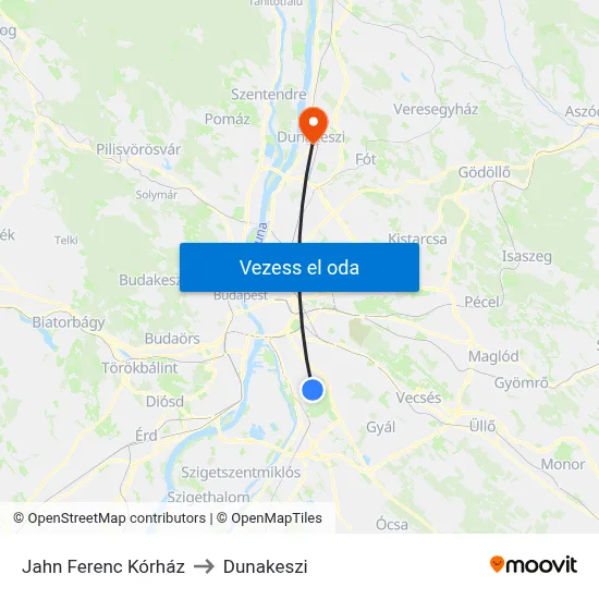 Jahn Ferenc Kórház to Dunakeszi map
