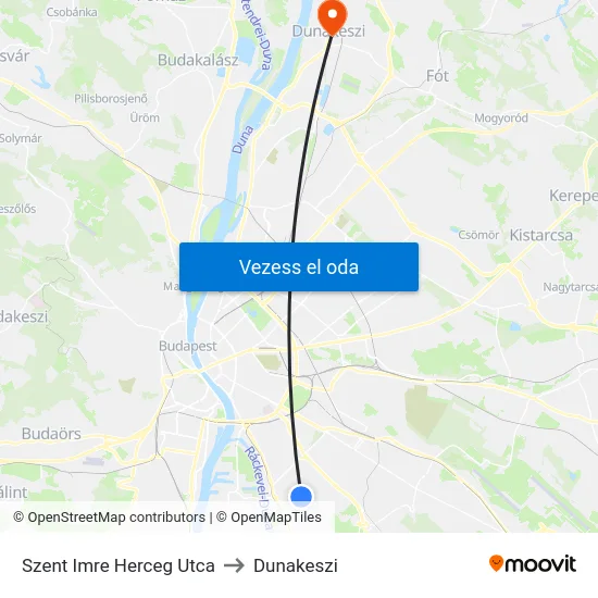 Szent Imre Herceg Utca to Dunakeszi map