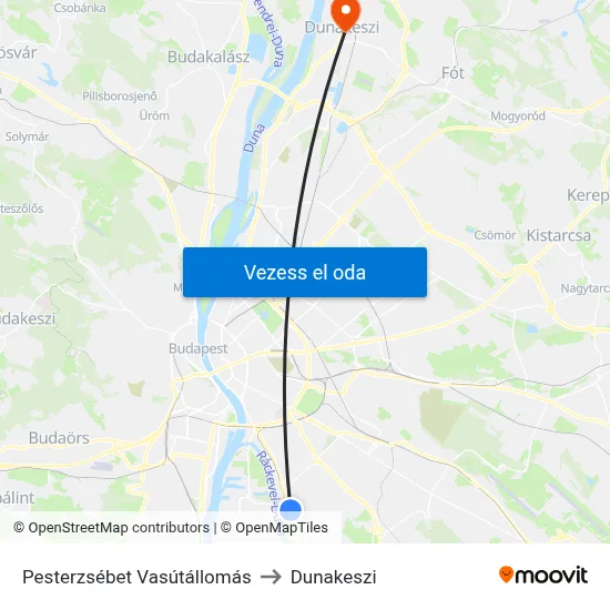 Pesterzsébet Vasútállomás to Dunakeszi map