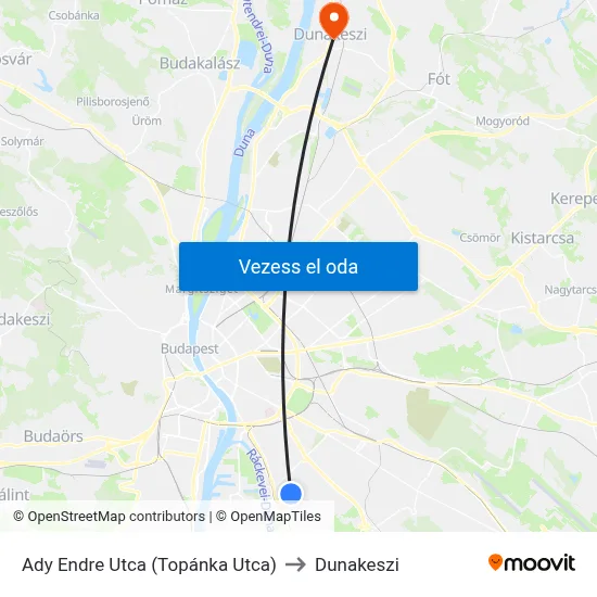 Ady Endre Utca (Topánka Utca) to Dunakeszi map