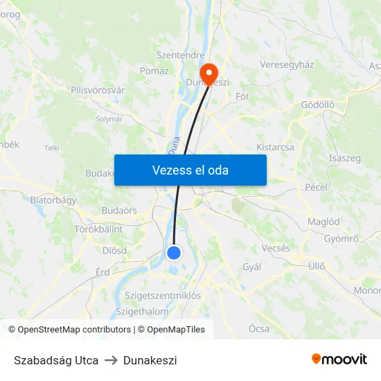 Szabadság Utca to Dunakeszi map