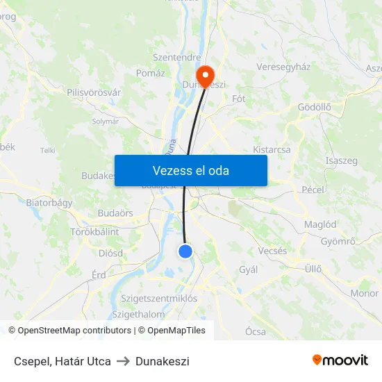 Csepel, Határ Utca to Dunakeszi map