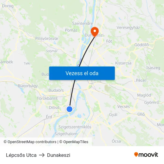 Lépcsős Utca to Dunakeszi map