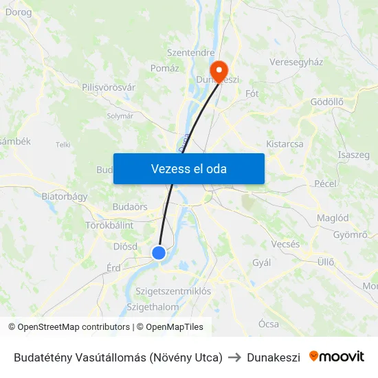 Budatétény Vasútállomás (Növény Utca) to Dunakeszi map