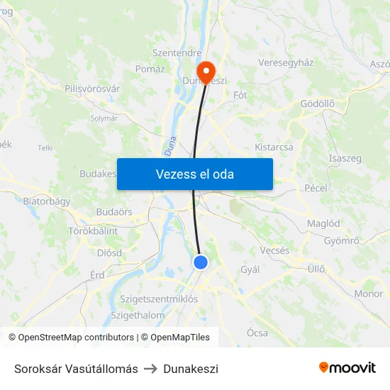 Soroksár Vasútállomás to Dunakeszi map