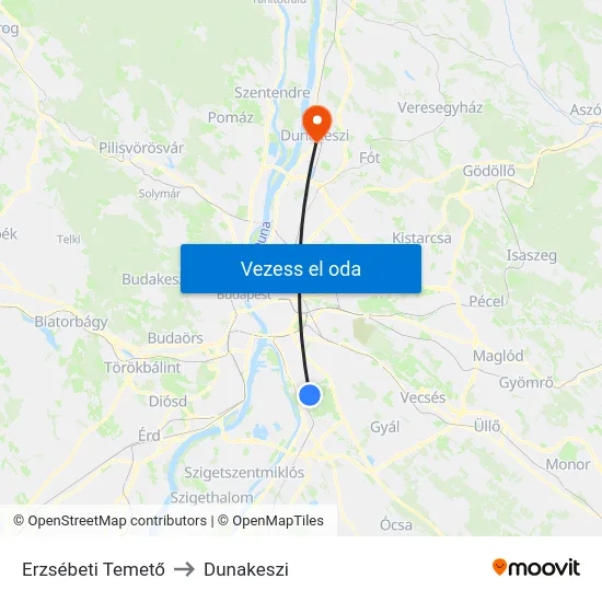 Erzsébeti Temető to Dunakeszi map
