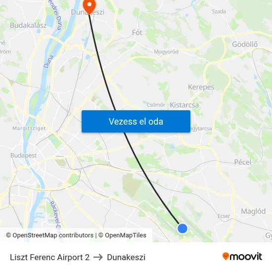 Liszt Ferenc Airport 2 to Dunakeszi map