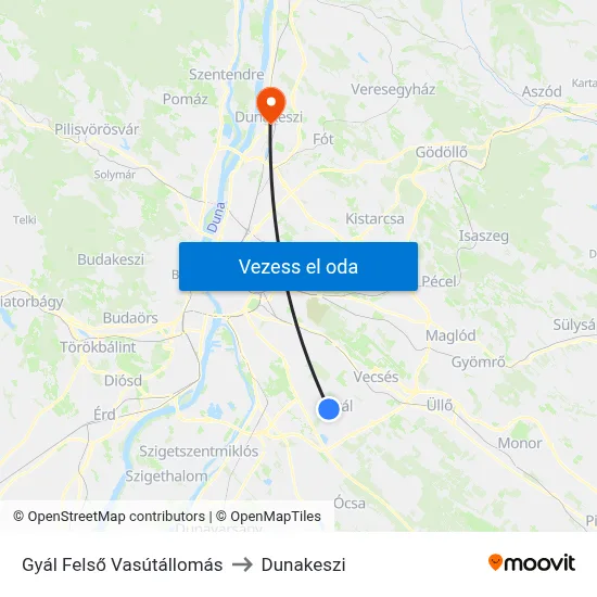 Gyál Felső Vasútállomás to Dunakeszi map